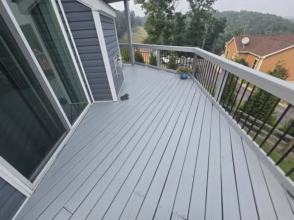 Freshly finished grey deck and railing overlooking the Shenandoah Valley